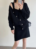 Fongt New Loose Solid Color Sweater Cardigan Package Buttock Vest Skirt Suit In The Long Sweater Two Sets Of Women-Outfit