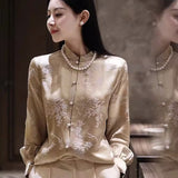 Chinese Style Vintage Buttoned Blouse Women's Autumn 2023 New Champagne Small Collar Imitation Silk Blouse-Outfit