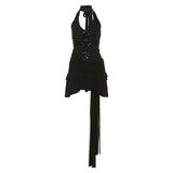 Fongt Summer New Women's Hottie V-Neck Hanging Neck-Deck Mesh Splicing Slit Tight Dress Woman