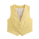 Fongt Women's Retro Solid Color Candy Color V-Neck Short Suit Vest / Horse Clip Cane