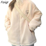 Winter Letter Pink Zippercoat Lamb Wool Keep Warm Mid-Length Women Sweatshirt Embroidery Cute Biscuit Bear Lady