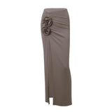 Fongt Women's Fall 2023 New French Temperament High Waist Slit Pleated Flowers Decorative Half