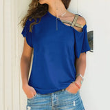 Fongt Explosion Casual Slanted Shoulders Cross Irregular Short-Sleeved Print Women T-Shirts