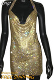 Rhinestone Backless Dress Sexy Deep V Neck Sleeveless Side Split Halter Dress Nightclub Party Evening