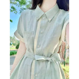 Fongt Bumpy Linen Shirt Dress Women's Summer Languid Temperament High-Sense Tie With Shirt Collar Long Skirt