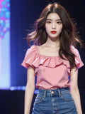 Fongt Leaf Side Pink Short-Sleeved Shirt Women 2025 Summer New Temperament Super Fairy Square Shirt French Top
