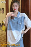 Sleeve T-shirts Women Patchwork All-match Denim Футболка Женский Students Creativity Design Summer Leisure Korean