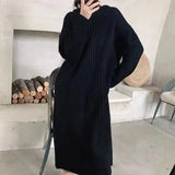Hooded Knitted Dress Women Solid Oversized Midi Dresses Winter Korean Elegant Thicken Loose Casual All Match Vestidos-Outfit