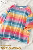casual tshirt loose rainbow striped O-neck short-sleeved women t-shirt tops female t shirt cloth Harajuku clothes