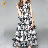 New Summer Fashion Leaf Embroidery Layered Ruffles Midi Long Dress Women Sleeveless Party Dresses Robe Female