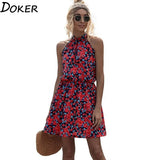 New Summer Floral Sleeveless Dresses Women Off Shoulder Sexy Elegant Red Mini Dress Plus Size Beach Casual Boho Short