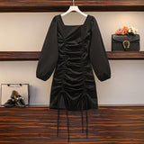 Women Autumn Winter Vintage Dress Soild Square Colar Long Sleeve Elegant Korean High Waist Bodycon Bandage
