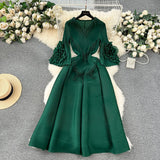 Fongt Court Dress Female Design Tuxedo V Collar Long Three House Press Folding Horn Sleeve Dress Woman