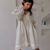 Fongt Women's Summer New Cotton And Linen French Skirt Temperament Commuter V-Collar Lantern Sleeve Loose Dress-Outfit