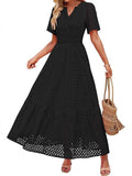 Fongt Women's V-Neck A-Shaped Hollow Lace Cake Dress