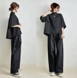 Fongt And South Korea In The Spring And Summer New Temperament Loose Sleeve Top + Loose Broad Leg Pants Two Sets Of Women