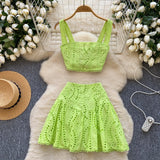 Fongt Girls Hollow Embroidery Suit Female Sling With Short Waist Vest + High-Waist A-Word Skirt Sexy Two