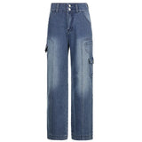 Women's Wear 2023 New Multi-Pocket Open Line Fashion Loose High-Waisted Jeans Casual Straight Trousers Summer-Outfit