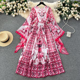 Fongt Autumn Dress New 2025 Small Design Style Holiday Style Retro Print Sleeve Chiffon Long Dress