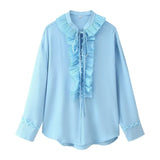 Fongt Women's Summer Folding V-Neck Folding Collar Trim With Chiffon Long-Sleeved Shirt Skirt Suit
