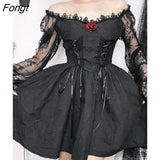 Black Gothic Grunge Party A-Line Women Dresses See Through Bodycon Dark Sexy Jacquard Lace Lolita Dress Vintage
