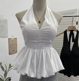 Fongt Retro Hanging Neck Tie With Bare Back Sling Skirt Folded Short Sleeveless Top Woman 9225