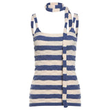 2024 Summer New Women's Pure-Want Wind Collar With Hanging Neck Repair Knitted Striped Long
