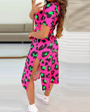 Fongt Round Neck Short Sleeve Slit A-Line Dress Tie Print Women's