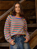 Fongt New Rainbow Striped Sweater Knitted Retro Round Long Sleeves Loose