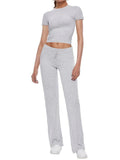 Short Sleeve Cropped Top Straight Leg Pants Set-Outfit