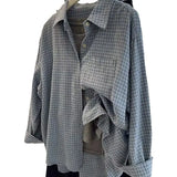 Fongt Version Of The Retro Grinding Blue Plaid Long-Sleeved Shirt Women 2025 Spring And Autumn New Loose Lazy Wind Outside The Top