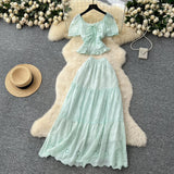 Fongt Temperament Wears A Female Waist-Waisted Collar Bubble Sleeve Shirt High-Waisted Embroidered Half-Dressed Skirt Holiday Style Set