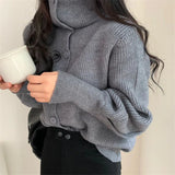 New 2021 Women's Sweaters Winter Spring Turtleneck Fashionable Buttons Oversize Short Cardigans Knitwear