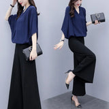 Fongt New Large-Size Women's Summer Two-Piece Sant Chiffon Broad Leg Trousers Casual Fashion Suit Woman