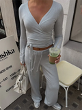 Solid Wrap Around Top And Drawstring Pants Set-Outfit