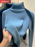 Warm Sweater Pullover Women Slim Thicken Plush Velvet Lined Knitwear Jumper Korean Half Turtleneck Poleras Soft Knit