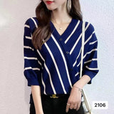 Striped Bottom Shirt Top 2025 Summer New Temperament V-Neck Five-Sleeve Ice Silk T-Shirt Knitted Shirt
