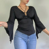 Vintage Flared Sleeve T Shirt Woman V Neck Slim Crop Top Kawaii Tee Shirts Tops Autumn Female Clothing Fairy Grunge 2023 703-0-Outfit