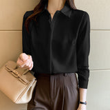 Elegant Satin Blouse Autumn Spring Turn-Down Collar Single-Breasted Long Sleeve Female Chiffon Shirt Ladies Blouse