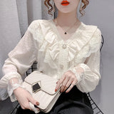 Fashion V-neck White Women's Long Sleeve Top Elegant Ruffle Stitching Blouse Casual Lace Vintage Chiffon Shirt Blusas