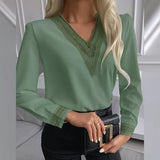 Lace Crochet Satin Silk Chiffon Shirt Women Long Sleeve Woman Blouses Tops V Neck Solid Embroidery Shirts Blusas