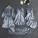 Fongt Women Summer Ice Silk Sexy Hot Home Clothes Spring And Autumn Long Sleeve Thin Large-Size Pyjamas Five-Piece Set