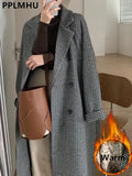 Thicken Long Wool Blend Coats Women Casual Loose Houndstooth Plaid Jackets New Warm Cotton Padded Woolen Korean