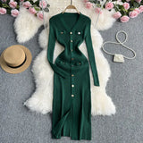 Fongt Button Long Sleeve Dress Autumn And Winter New V Collar Fashion Slim Slit Wrapped Hip Step Skirt-Outfit