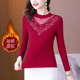 Fongt Photo # Autumn / Winter Long Sleeve And Velvet Top Women's High-End T-Shirt With A Versatile Lace Bottom Shirt-Outfit