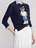 Fongt Autumn/Winter Casual Bear Embroidered Round Collar Collar Cotton Knitted Sweater For Adult Women Long-Sleeved Sweater Couple