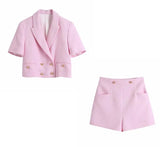 Women Sweet Double Breasted Notched Collar Pink Tweed Woolen Short Blazer Coat Vintage Female Outerwear Chic Tops