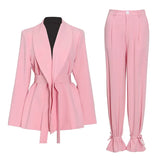 TWOTWINSTYLE Solid Color Korean Two Piece Set Women Blazer High Waist Belt Lace-up Straight Pants Suits Female 2022 Fashion