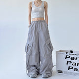 Fongt New Tight High Waist Design Sense Niche Black Cargo Pants Female Loose Casual Fashion Draw Rope Wide Leg Pants-Outfit