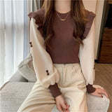 Women's O Neck Lantern Sleeve Spliced Sweater Korean Sweet Casual Knit Tops Bow Printed Pullover Soft Slim Knitwear